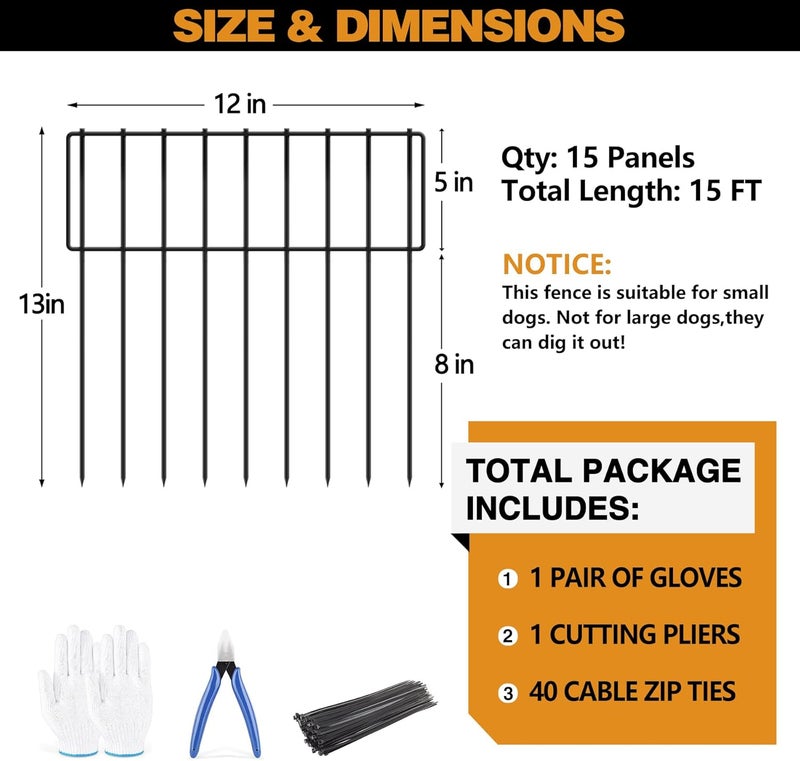 KYATE 15 Panels Animal Barrier Fence, 15ft(L) X 13inch(H) No Dig Fences Rabbits Barriers, Rustproof Metal Bottom Border Dog Blockers, Ground Stakes Defense for Garden Outdoor Landscape Patio - Image 3